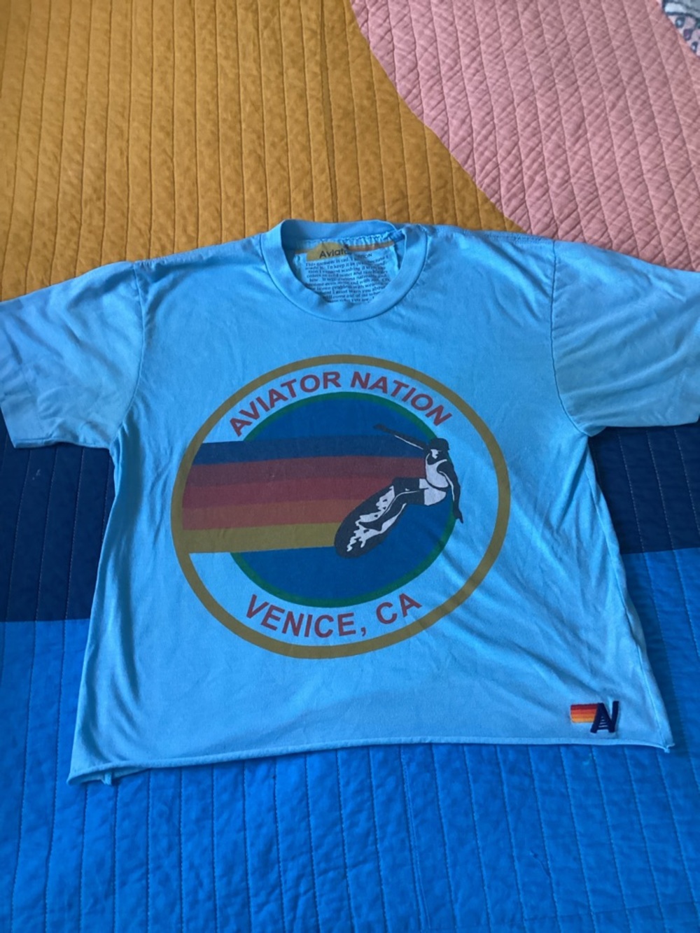 Aviator Nation Light Blue Venice Surf Graphic Short Sleeve Tee